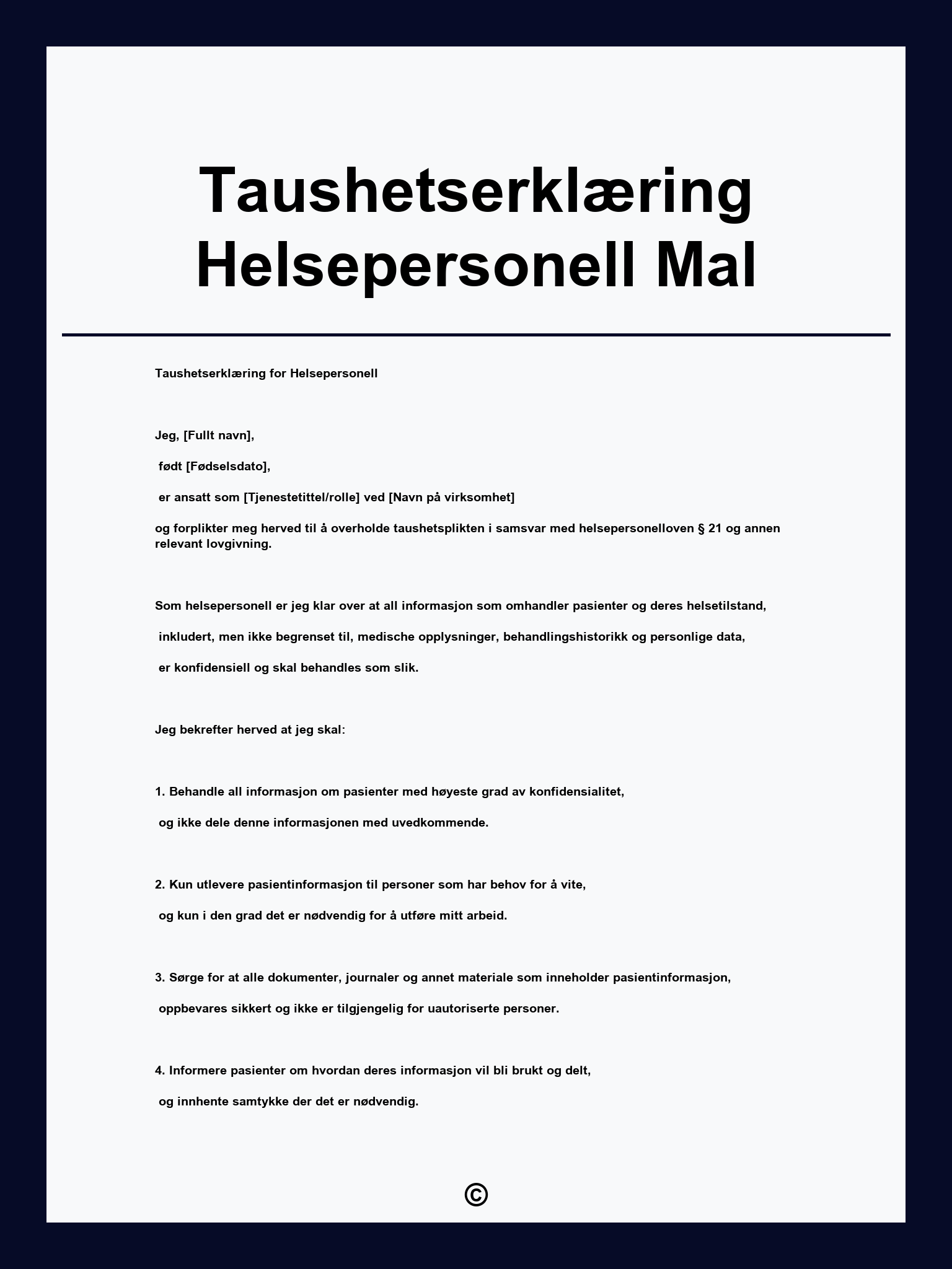 Taushetserklæring Helsepersonell Mal
