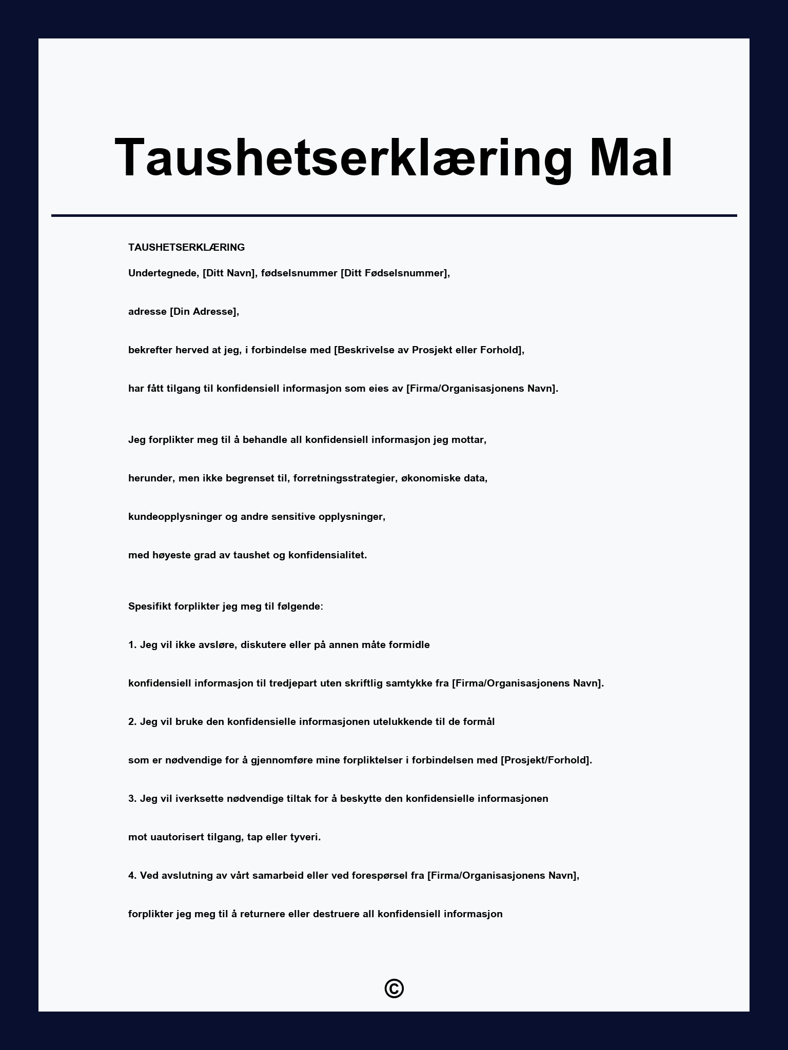 Taushetserklæring Mal