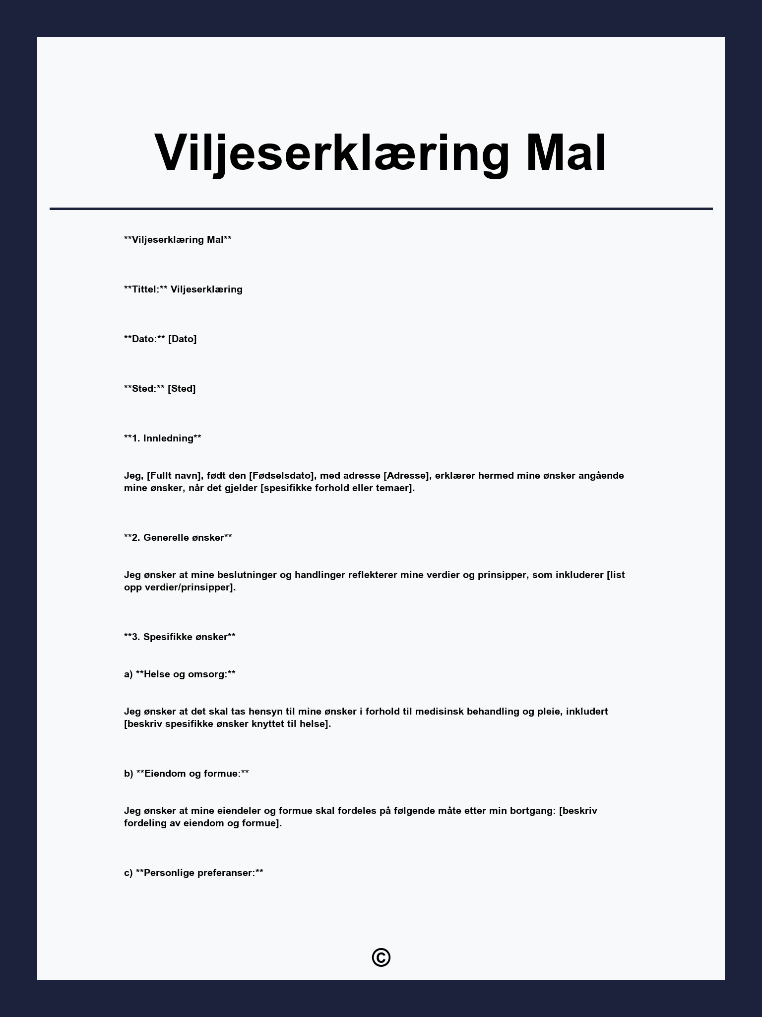 Viljeserklæring Mal